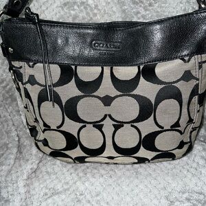 Coach Zoe Black and Tan Signature Shoulder Bag